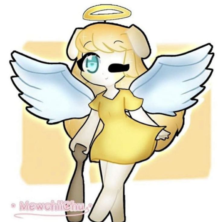 an angel holding a baseball bat and wearing a yellow dress with white wings on it