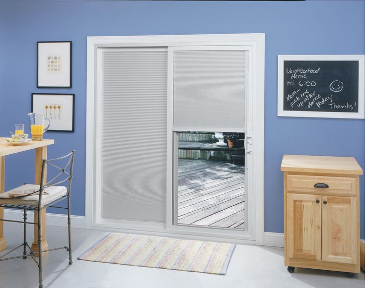 a kitchen with blue walls and white sliding glass doors