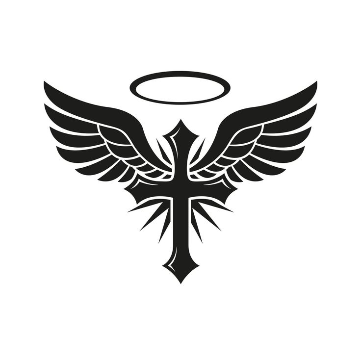 a cross with wings and an angel halo on the top is shown in this black and white image