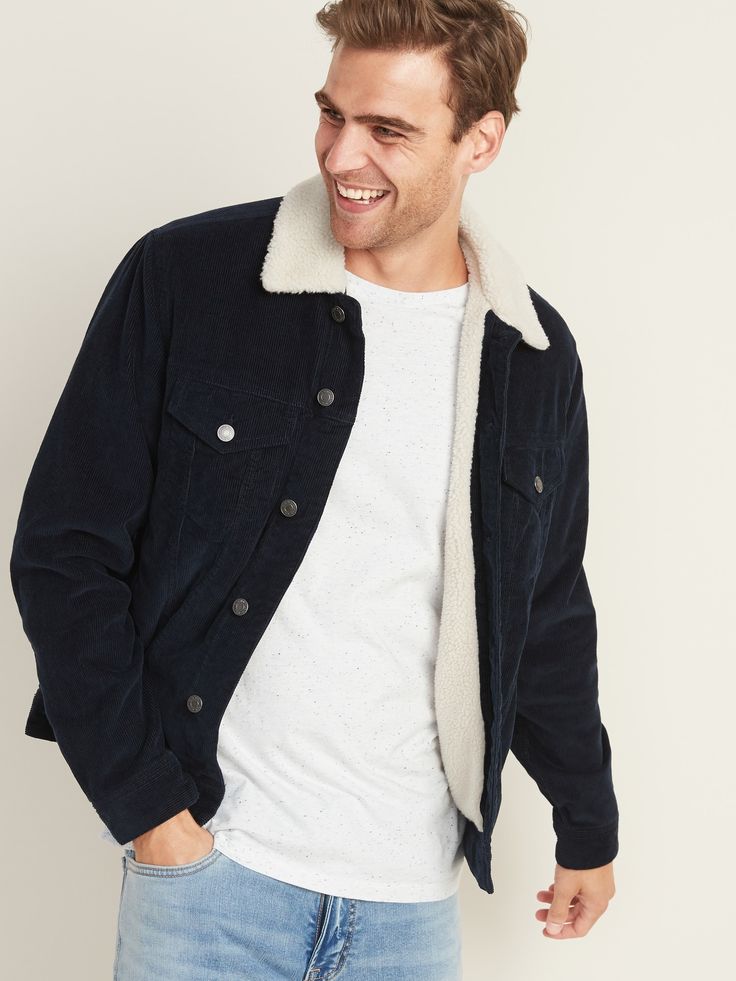 Sherpa-Lined Corduroy Trucker Jacket for Men | Old Navy Blue Sherpa Jacket Outfit, Corduroy Jacket Outfit Men, Corduroy Jacket Outfit, Sherpa Jacket Outfit, Jacket Outfit Men, Corduroy Sherpa Jacket, Blusas T Shirts, Trendy Jackets, Jean Flare