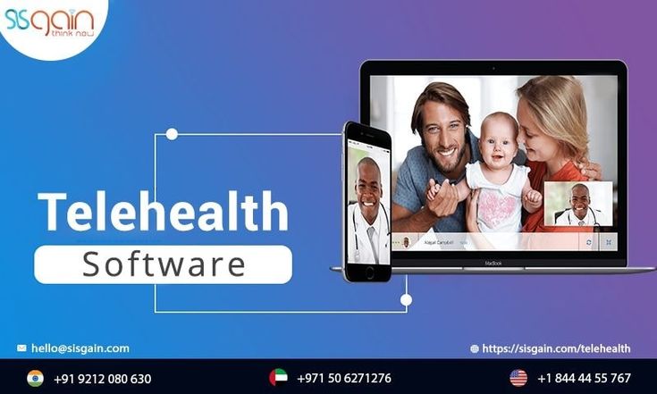 an advertisement for telehealth software on a laptop and phone with the image of a man holding a baby