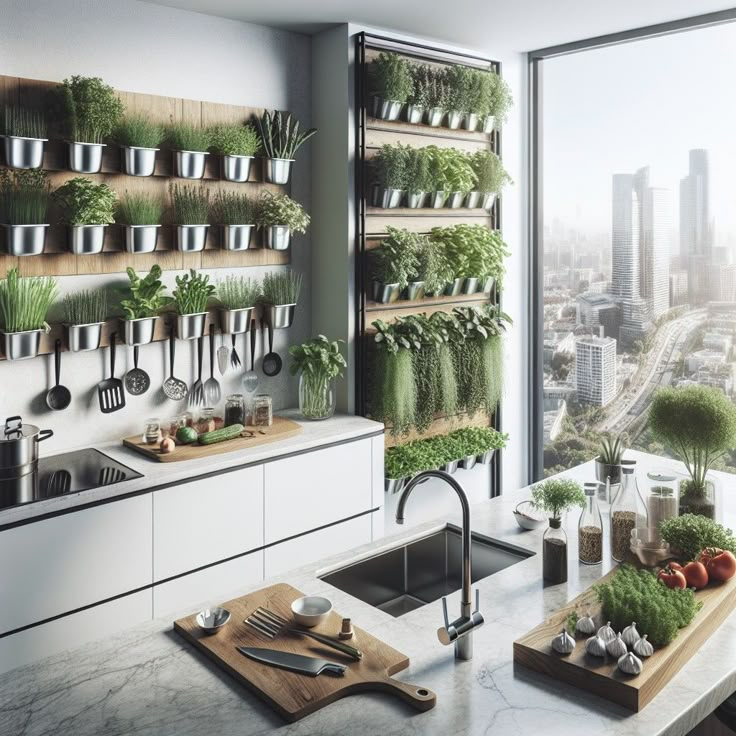 a kitchen filled with lots of potted plants next to a sink and counter top