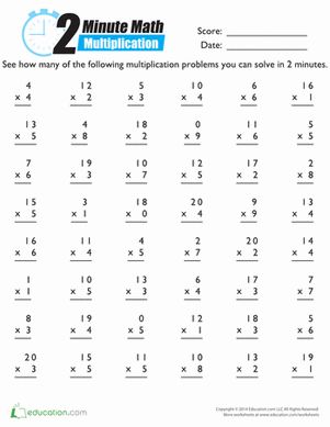 two minute math worksheet for students