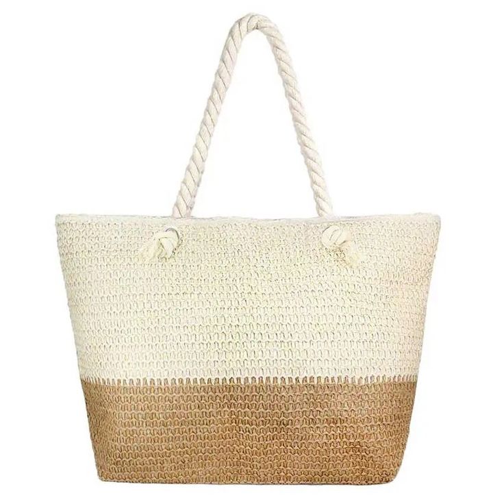 Two Tone Straw Beach Tote Bag, Show your trendy side with this awesome straw beach tote bag. Spacious enough for carrying any and all of your seaside essentials. The straps  helps carrying this shoulder bag comfortably. Perfect as a beach bag to carry foods, drinks, big beach blanket, towels, swimsuit, toys, flip flops, sun screen and more. * Color : White, Beige * Size : 21.6" X 7" X 15.7" * Material : 100% Polyester * One Inside Slip Pocket (6.7" X 5.5") * Zipper Closure * Two Tone Straw Beach Tote Bag Beachy Sand-colored Straw Bag, Beachy Large Capacity Beige Straw Bag, Casual Cream Straw Beach Bag, Casual Jute Bags For Beach Season, Beige Straw Bag With Large Capacity For Beach Season, Vacation Jute Shoulder Bag With Large Capacity, Beige Large Capacity Straw Bag For Beach Season, Large Capacity Beige Straw Bag For Beach Season, White Straw Crochet Bag For Travel