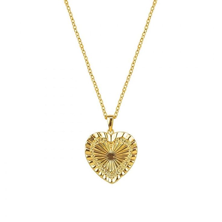 This Radiating Heart Necklace gleams beautifully as the light catches the engraved rays. This style is both symbolically meaningful and striking and reminds you to follow your heart, wherever it may lead you. DETAILS & SIZE Composition: 18K gold plated over sterling silver or solid .925 sterling silver Measurements: chain: 16" with a 2" extension Lobster claw clasp Read about how to care for our jewelry here. Shop the Undying Love collection! Or shop Necklaces for more options to layer this Gold Heart-shaped Spiritual Necklace, Gold Spiritual Heart Necklace, Spiritual Gold Heart Necklace, Gold Heart-shaped Etched Jewelry, Gold Etched Heart Jewelry, Etched Heart Gold Jewelry, Etched Heart-shaped Gold Jewelry, Gold Etched Heart Necklace, Spiritual Gold Heart Necklace Gift