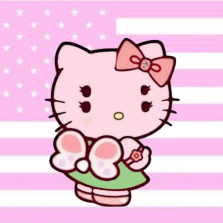 a hello kitty holding a flower in front of a pink and white striped background with stars