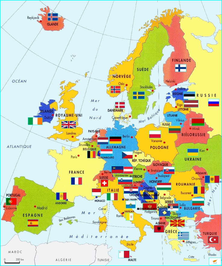 a map of europe with all the countries and their flags in different colors on it