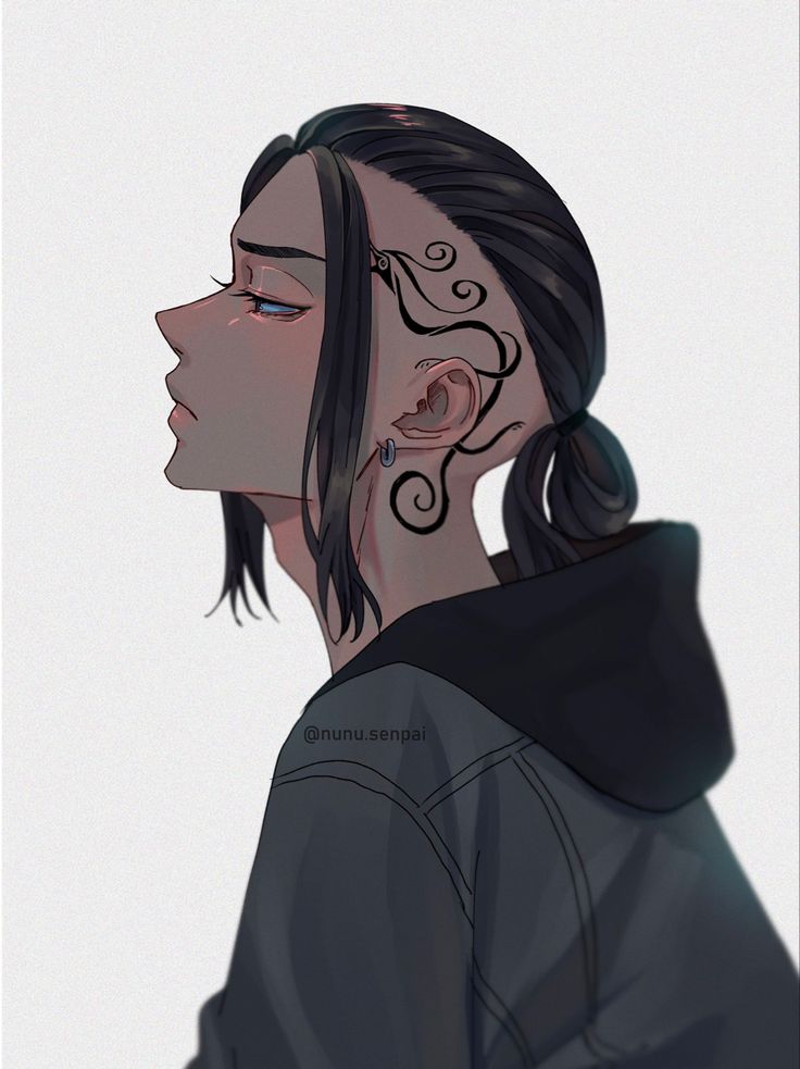 a drawing of a woman with black hair and piercings on her ears, wearing a hoodie