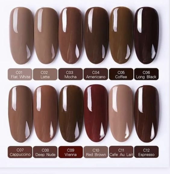 Brown colors nails inspo#Nail #nailcolor #nailpolish Membentuk Alis, Kutek Disney, Fall Gel Nails, Gel Set, Gel Nail Colors, Beginners Knitting, Fall Nail Colors, Neutral Nails, Brown Nails