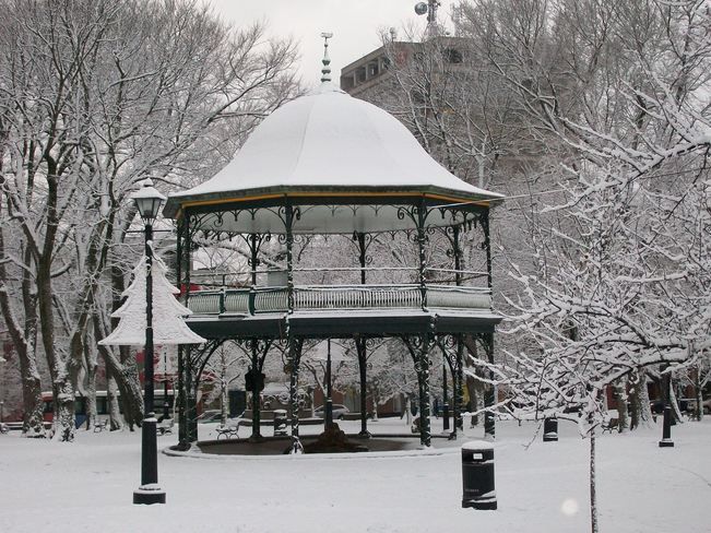 a gazebo in the middle of a snowy park