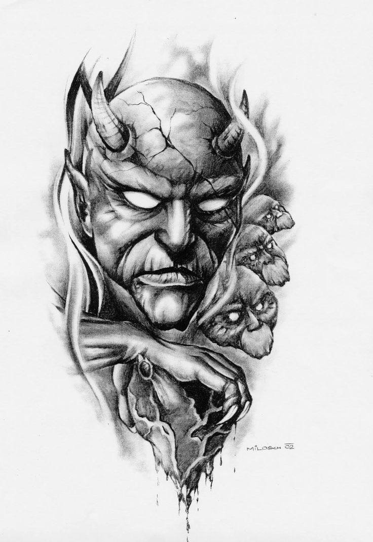 a black and white drawing of a demon with horns on his head, holding a flower