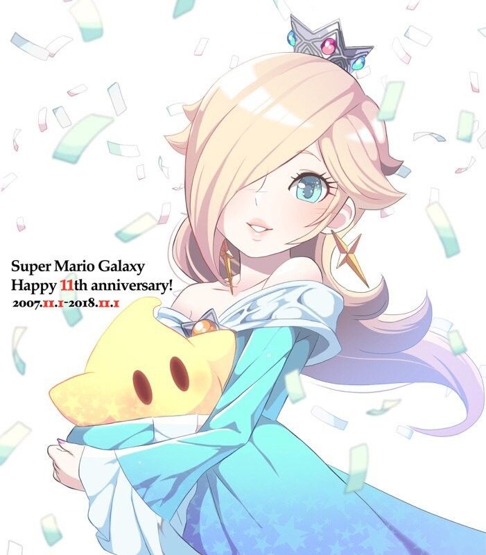 an anime character holding onto another character with confetti around her head and the caption super mario galaxy happy 10th anniversary