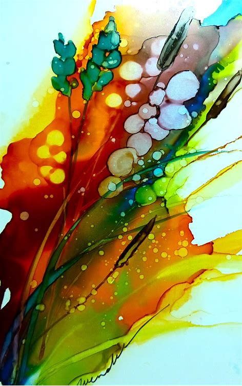 an abstract painting of flowers and leaves on a white background with water droplets in the foreground