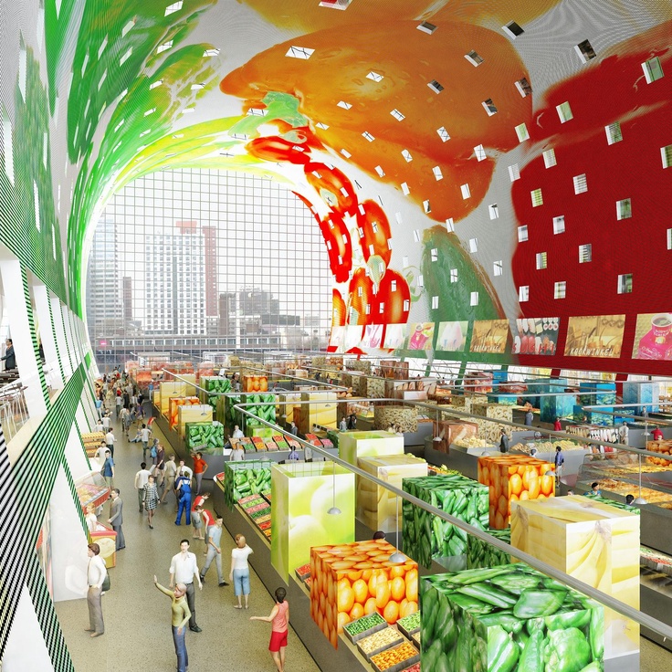 an artist's rendering of the inside of a grocery store with people walking around