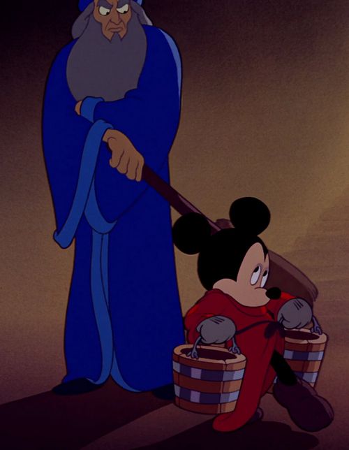 an animated mickey mouse is holding onto the handle of a barrel with another character in it