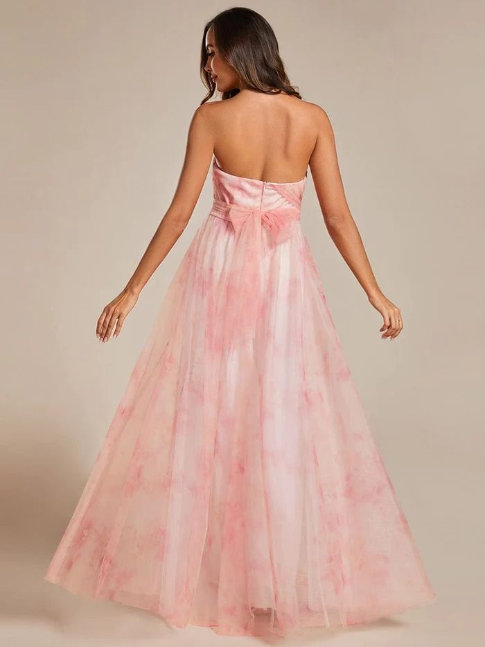 Floral Printed Empire Waist Strapless Formal Evening Dress with A-line #color_Pink Strapless Tulle Evening Dress, Spring Homecoming Dress With Pleated Bodice, Pink A-line Strapless Dress For Prom, Pink Strapless Dress With Lined Bodice For Wedding, Pink Strapless Wedding Dress With Lined Bodice, Spring A-line Gown With Lined Bodice, Spring Strapless Tulle Gown, Tulle Strapless Dress With Sweetheart Neckline For Prom, Tulle Strapless Dress For Prom Season