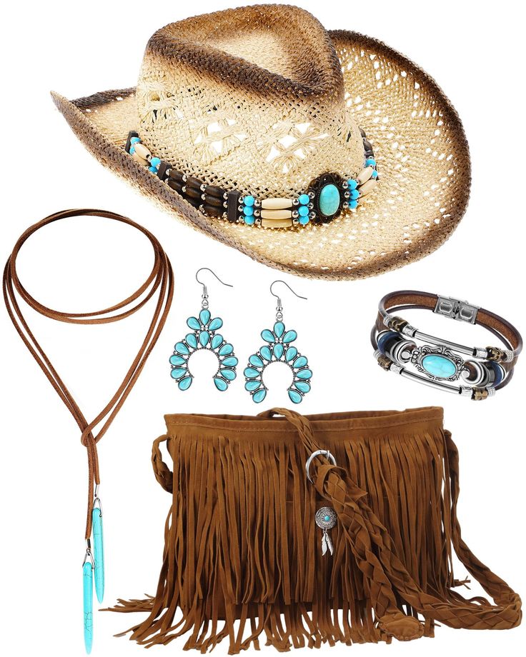 PRICES MAY VARY. Quality Materials: our accessories are made from quality materials; The turquoise jewelry for woman uses an alloy as a base and is beautifully adorned with turquoise; The hat is made from straw, ensuring a comfortable cowboy look; Finally, the tassel bag is made of soft suede with polyester, suitable for your outfits Nice Design: all items in the package of our Boho jewelry set harmonized in a classic color, giving a sophisticated appeal; The classic color enhances the aesthetic Cowgirl Look Western, Western Gifts For Women, Western Style Jewelry, Womens Cowboy Hats, Women’s Western Wear, Cowboy Theme Party Outfit Women, Western Attire For Women, Rodeo Outfits For Women Western, Cowgirls Outfits