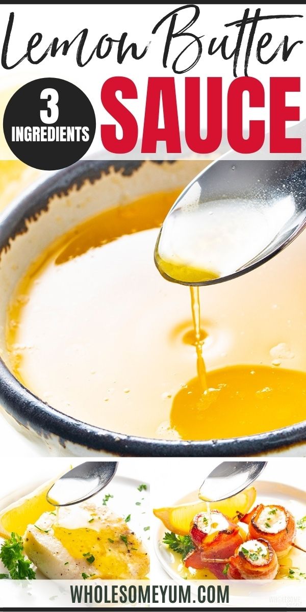 lemon butter sauce is being poured into a skillet