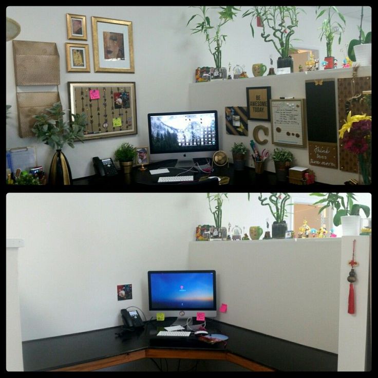 two pictures of a desk with a computer on it and plants in the back ground