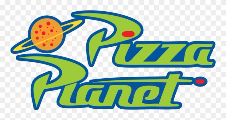 the pizza planet logo is shown in blue and green