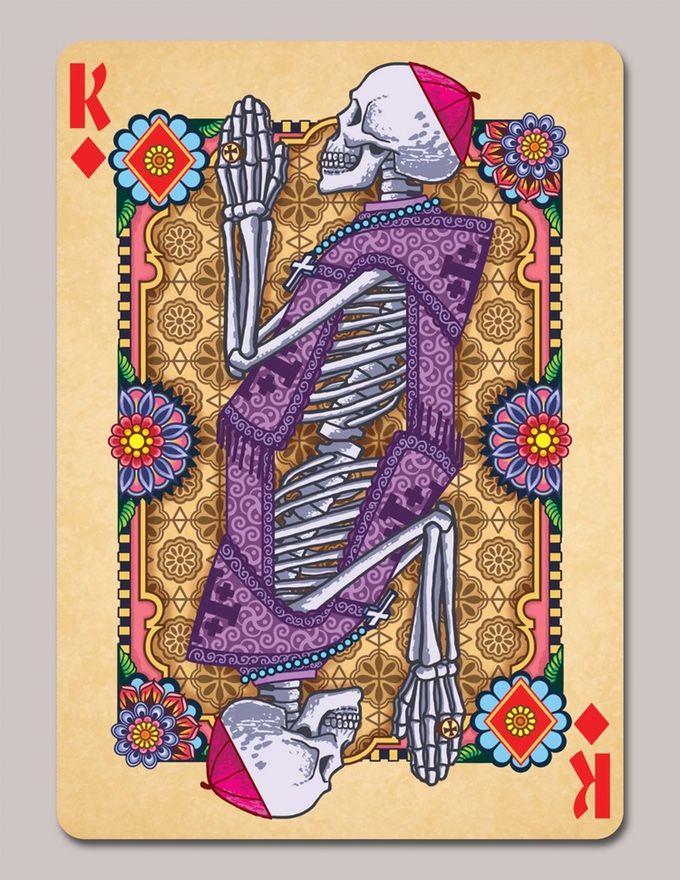 a playing card with a skeleton on the front and back side, in purple colors