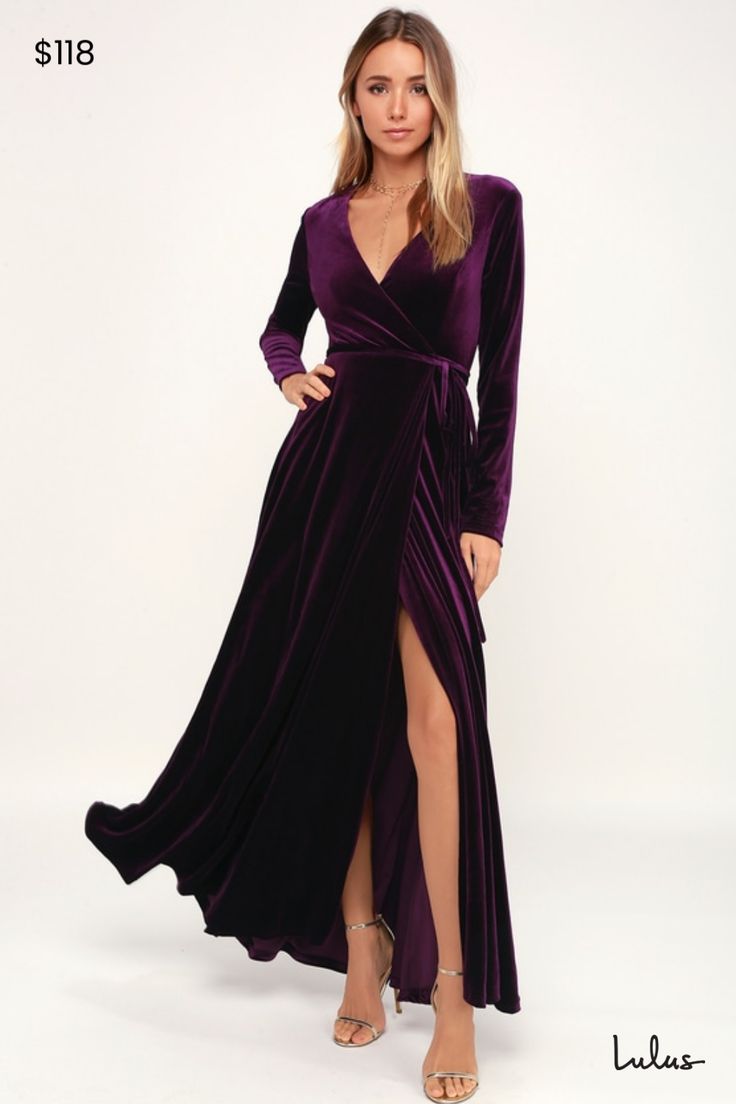 Make it a night to remember in the Lulus Jacinda Plum Purple Velvet Wrap Maxi Dress! Fitted long sleeves and a plunging surplice neckline top this romantic maxi made from luxe, medium weight stretch velvet. Tying waist (with internal ties) and elegant full wrap maxi skirt. Pair with matching heels and let the compliments roll in at your next event! Fit: This garment fits true to size. Length: Floor length. Size medium measures 58" from shoulder to hem. Bust: Great for any cup size. Waist: Loosel Deep Purple Velvet Dress, Long Sleeve Maxi Dress For Formal Holiday, Fall Maxi Dress With Surplice Neckline For Date Night, Formal Holiday Long Sleeve Maxi Dress, Holiday Formal Long Sleeve Maxi Dress, Formal Long Sleeve Maxi Dress For Holidays, Elegant Long Sleeve Wrap Dress For Night Out, Winter Wedding Maxi Dress With Long Sleeves, Winter Wedding Long Sleeve Maxi Dress