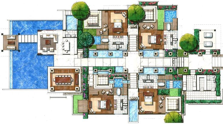 an architectural drawing of a house with swimming pool and trees in the middle of it