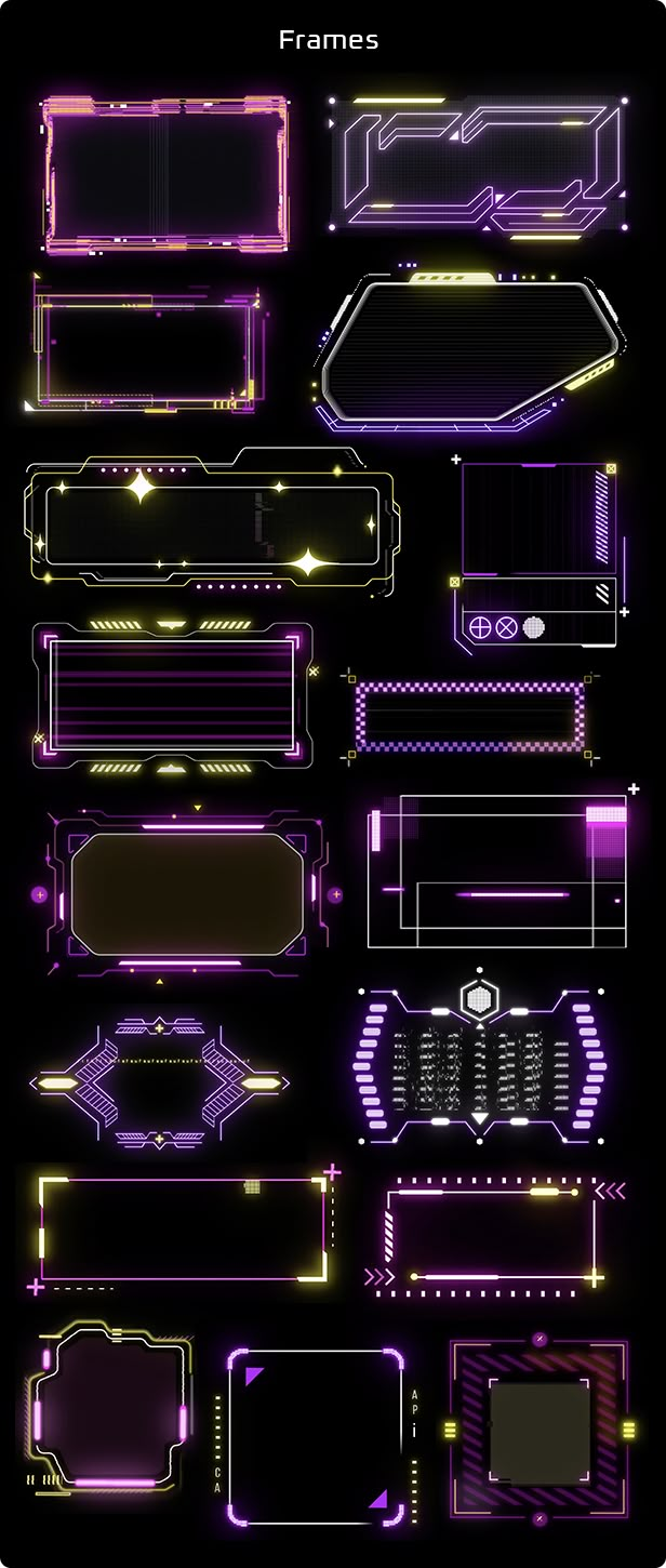 a bunch of different types of neon lights on a black background with the words frames above them