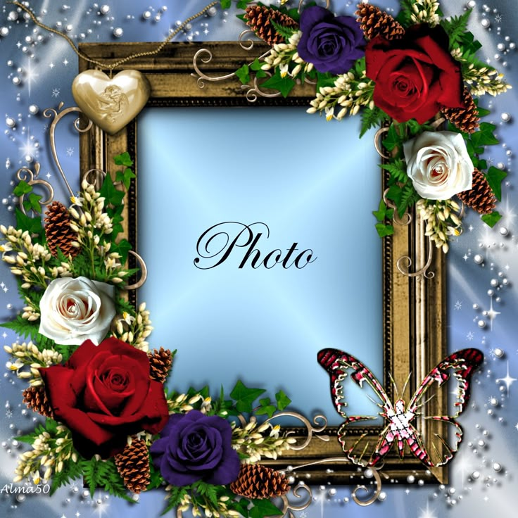 a photo frame with roses, pine cones and a butterfly in the center on a blue background