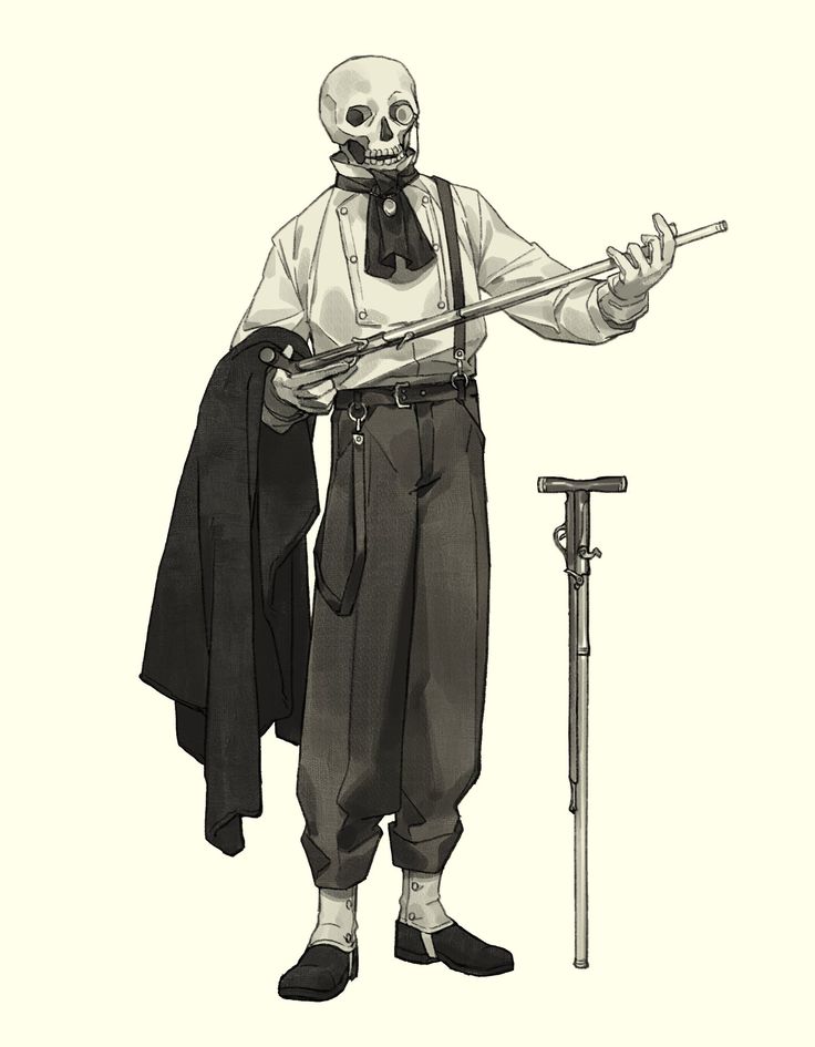 a drawing of a skeleton holding a cane and wearing a suit with a skull on it