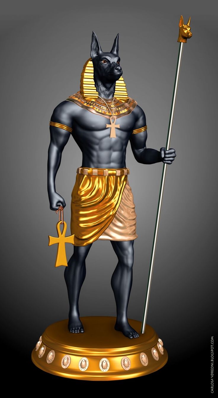 an egyptian statue is shown on a black and gold stand with a golden staff in his hand