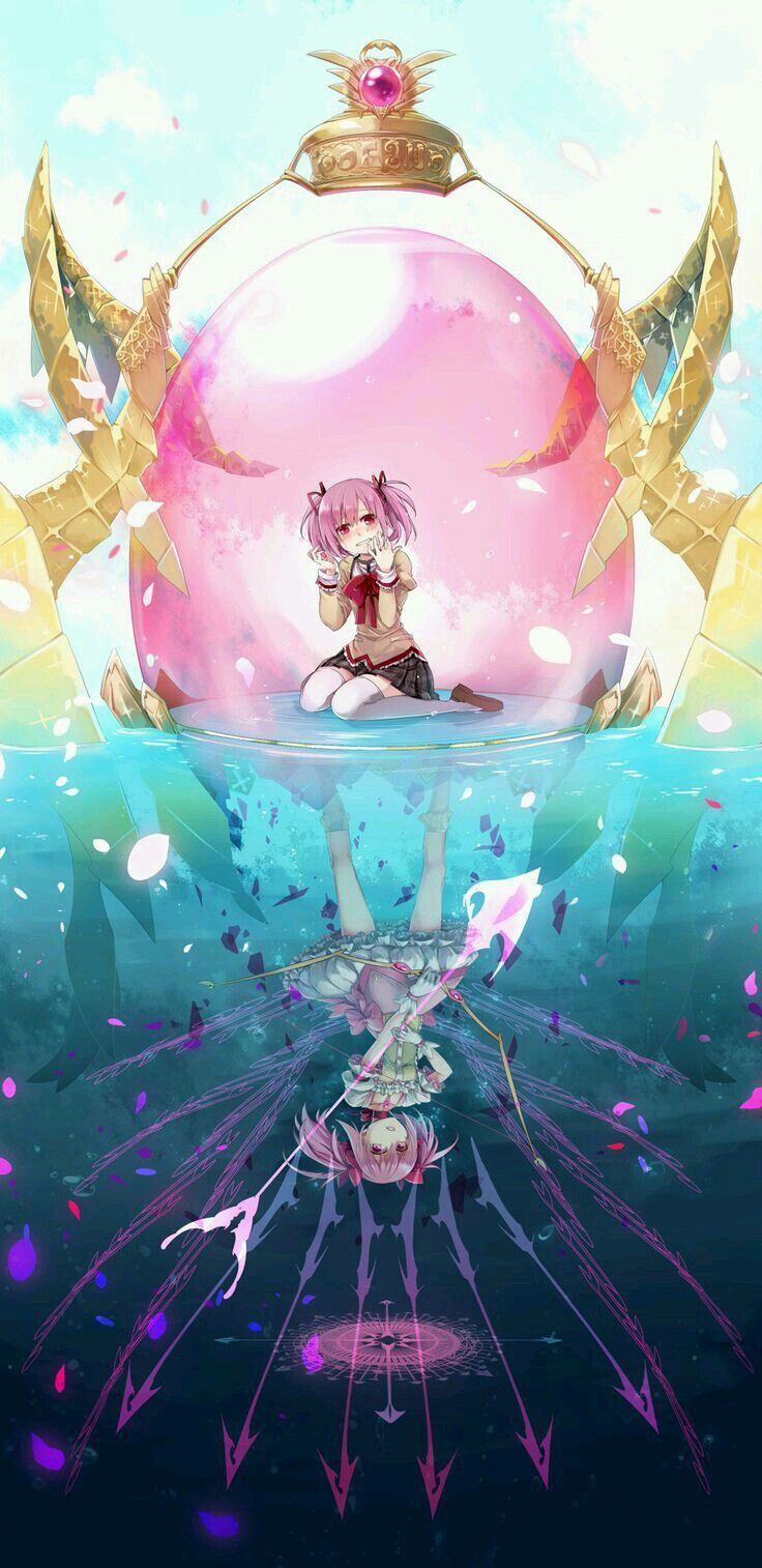 an anime character sitting on top of a pink ball in the water