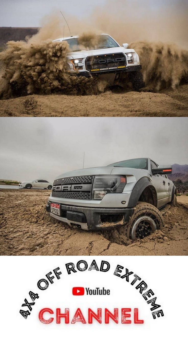 there are two pictures of trucks driving in the dirt and one is off ...