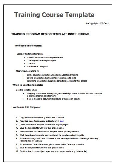 the training course template is shown in this image, it shows an outline for how to use