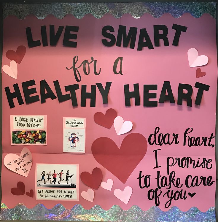 a bulletin board with hearts and words on it that says, live smart for a healthy heart