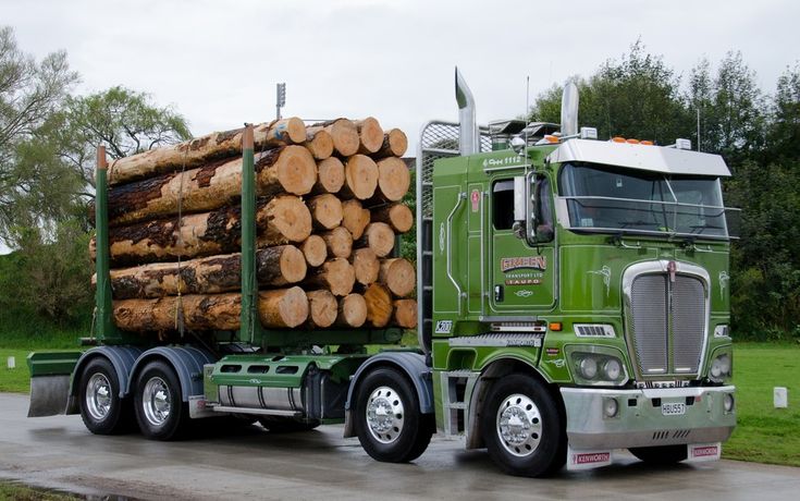 a green semi truck with logs on the back