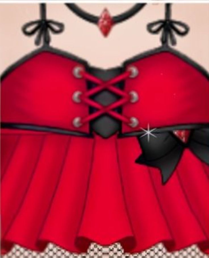 a red dress with black laces and bows on the waist, is shown in this image