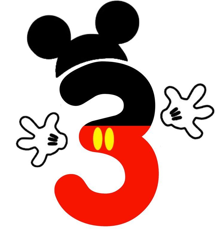 the number three with mickey mouse's head and ears on it, in black and red