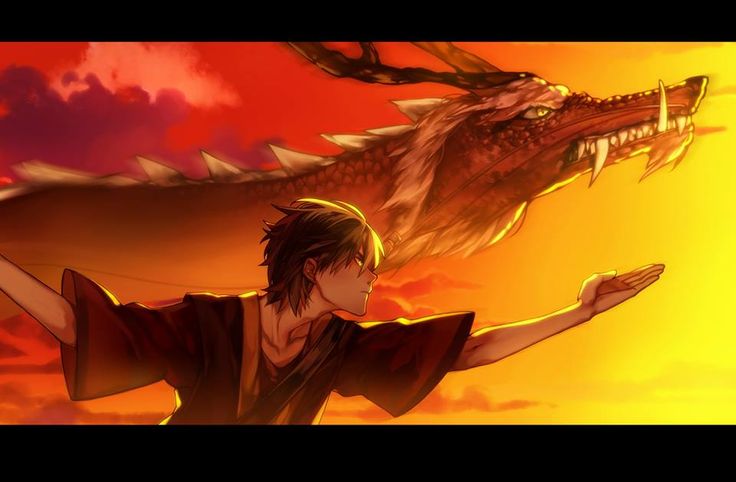 a young man holding his arms out in front of a dragon with its mouth open