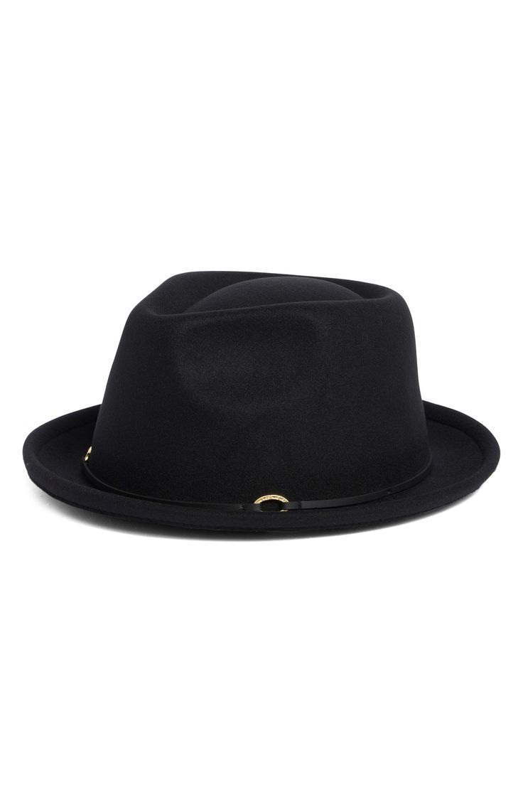 A faux leather and metal band adds extra style points to this felt fedora hat that'll look great with your year round looks. 24" circumference, 2" brim 100% polyester Spot clean Imported Black Fedora With Adjustable Flat Bill, Adjustable Black Fedora With Flat Bill, Black Top Hat With Flat Bill For Fall, Adjustable Flat Bill Hat Bands For Fall, Adjustable Cloche Hat For Fall Party, Adjustable Black Cloche Hat For Fall, Adjustable Fedora Felt Hat For Winter, Winter Fedora Felt Hat With Adjustable Fit, Adjustable Winter Fedora Felt Hat