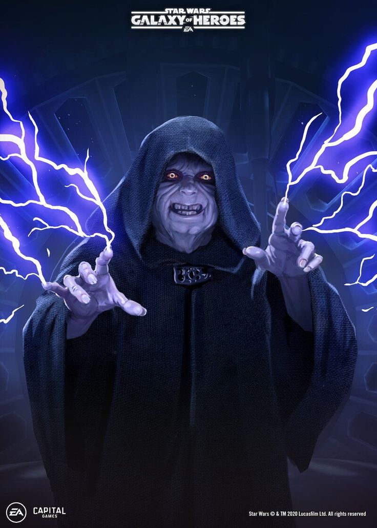 a man dressed as darth vader with his hands in the air and lightning behind him