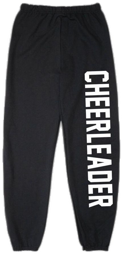 Collegiate Style Sports Bottoms With Letter Print, Hip Hop Style Stretch Sweatpants With Letter Print, Sporty Bottoms For Cheerleading, Sporty Bottoms For Cheerleading And Sports Season, Cheerleading Sportswear For Sports Season, Cotton Athleisure Pants For Sports Events, Team Spirit Cotton Bottoms For Sports Events, White Cotton Cheerleading Bottoms, White Cotton Bottoms For Cheerleading