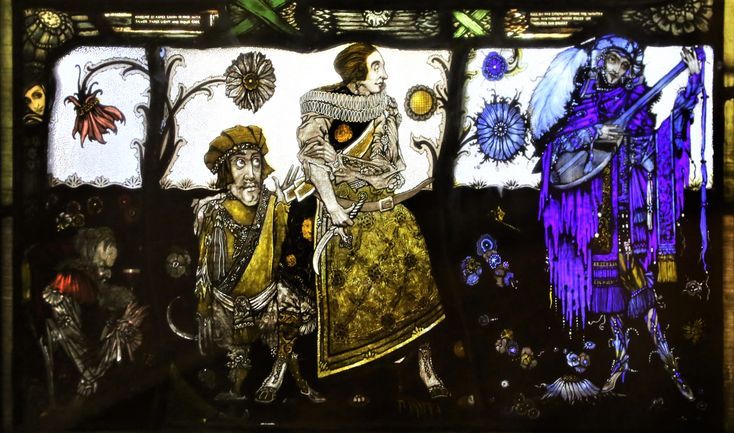 a stained glass window with two people standing next to each other