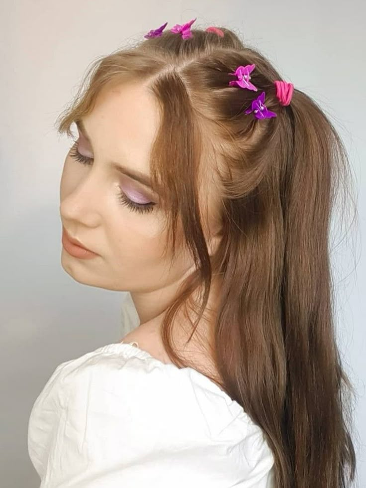 Cute Hairstyles With Butterfly Clips, Hairstyles With Butterfly Clips, Butterfly Clips, Cute Hairstyles, Long Hair, Bangs, Hairstyles, Flowers, Hair