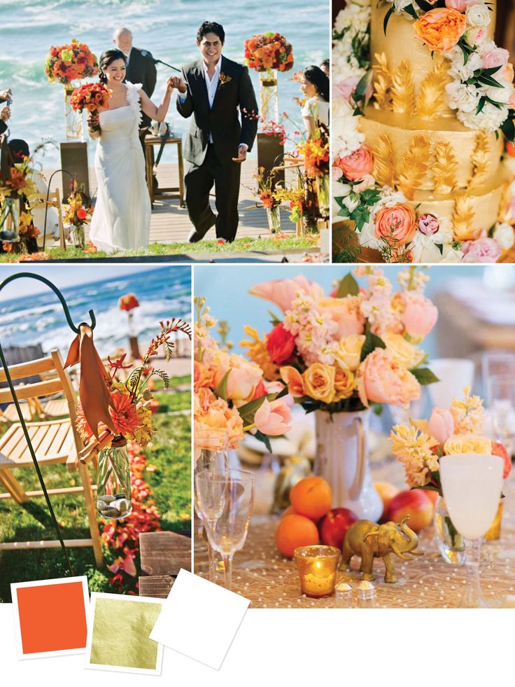 a collage of photos with flowers and oranges on them, including a bride and groom walking down the aisle