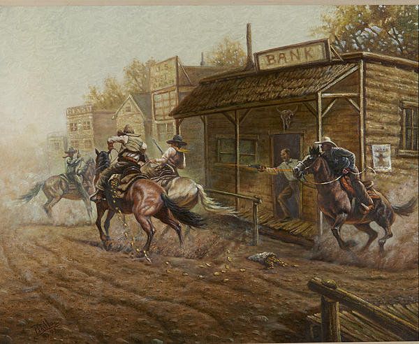 an oil painting of men on horses in front of a bank