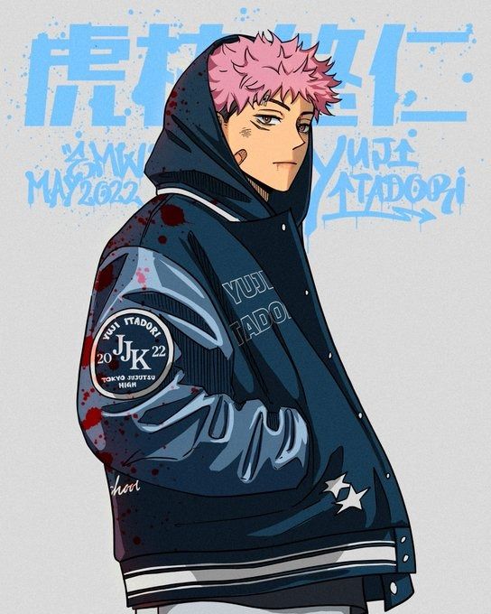 an anime character with pink hair wearing a blue jacket