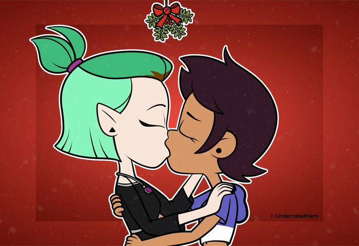 an animated image of two people kissing each other with christmas decorations on the wall behind them