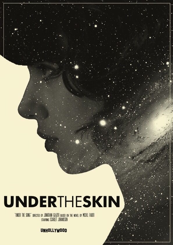 the movie poster for under the skin with a woman's face and stars in the background