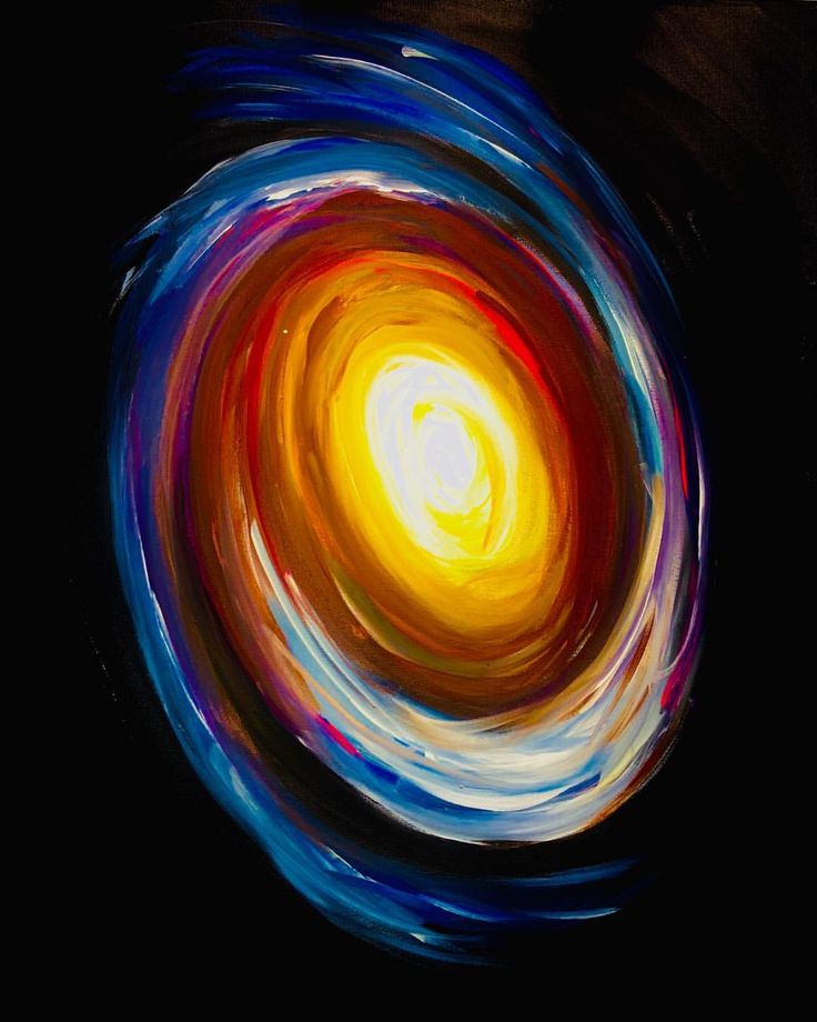 an abstract painting with blue, yellow and red circles in the center on a black background